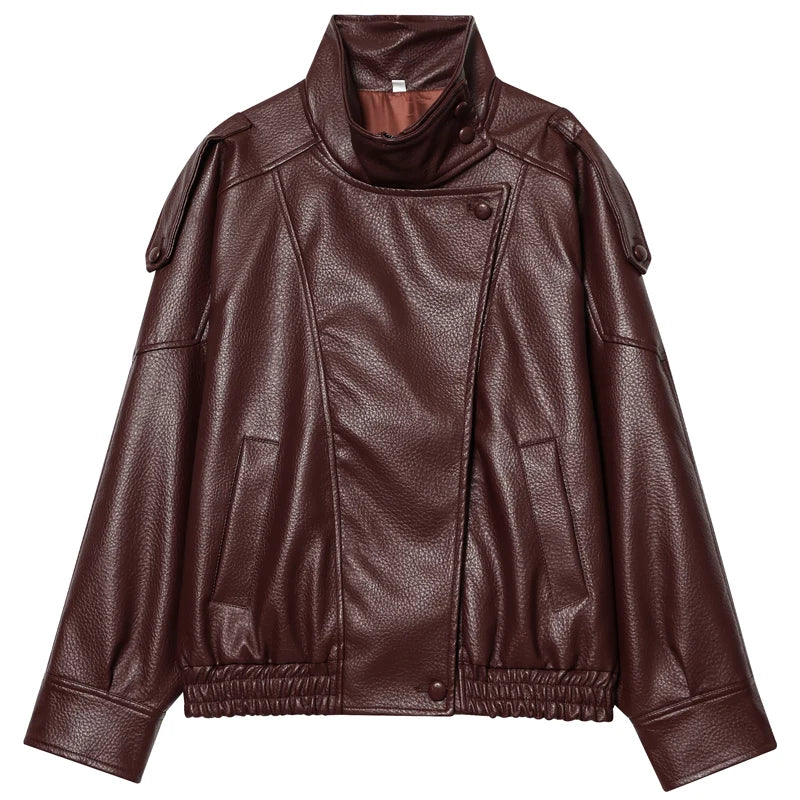 Cropped Faux Leather Bomber with Funnel Collar