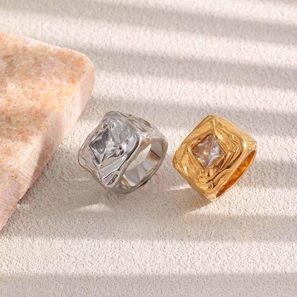 Molten Hammered Square Cubic Zirconia Ring