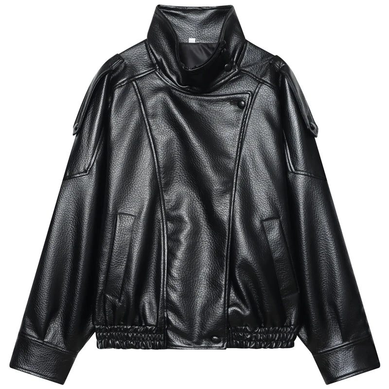 Cropped Faux Leather Bomber with Funnel Collar