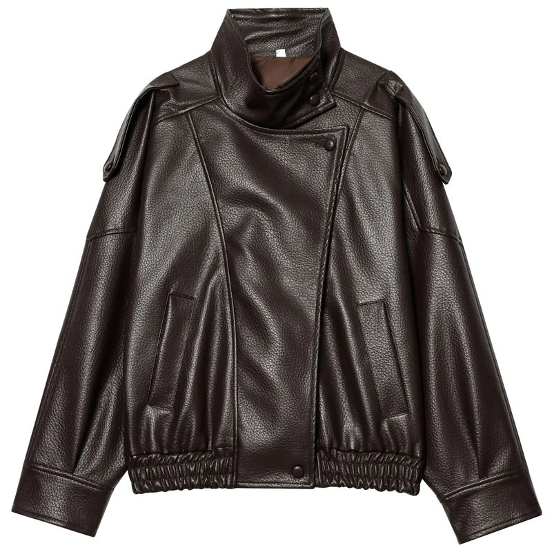 Cropped Faux Leather Bomber with Funnel Collar
