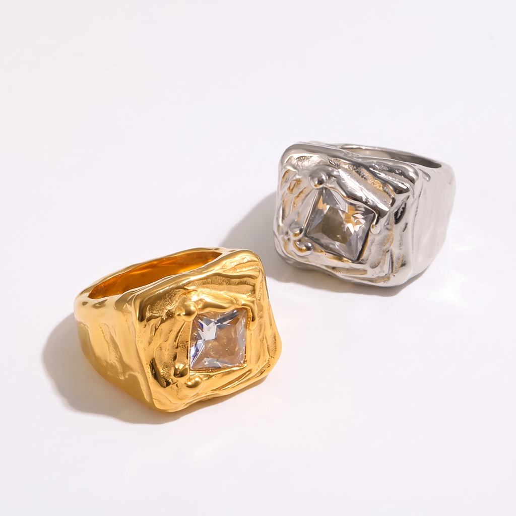 Molten Hammered Square Cubic Zirconia Ring