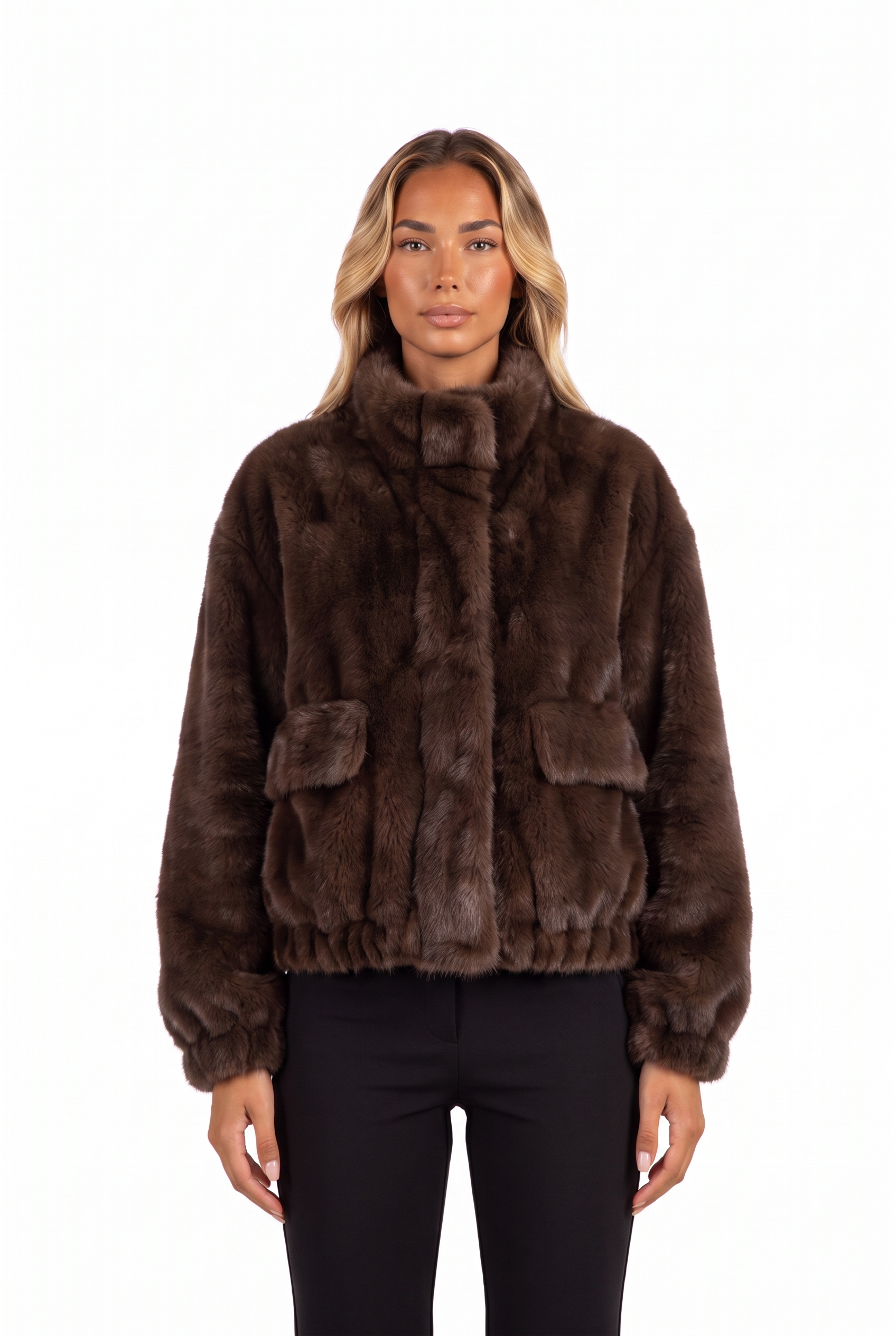 Brown plush faux fur cropped bomber jacket — collar and pocket detail