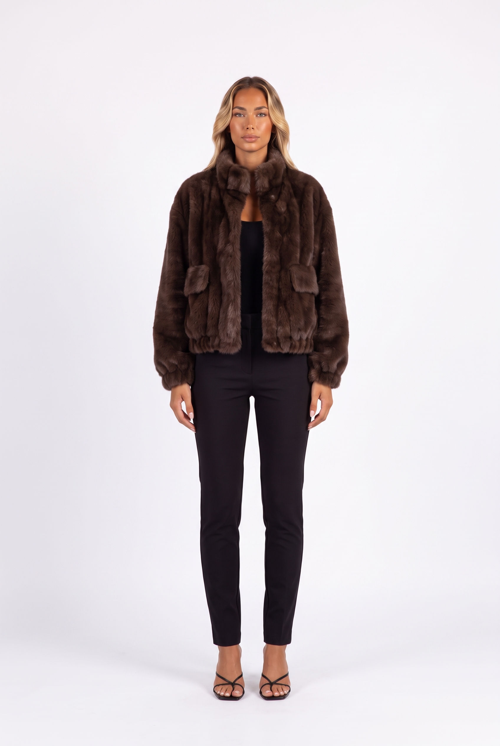 Brown plush faux fur cropped bomber jacket — front