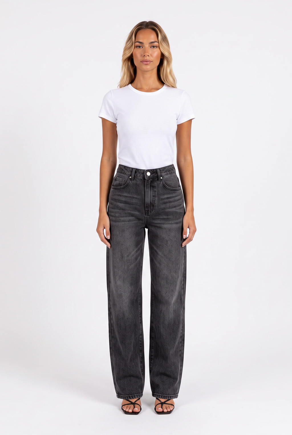 Washed black-grey high-waist wide-leg jeans — front
