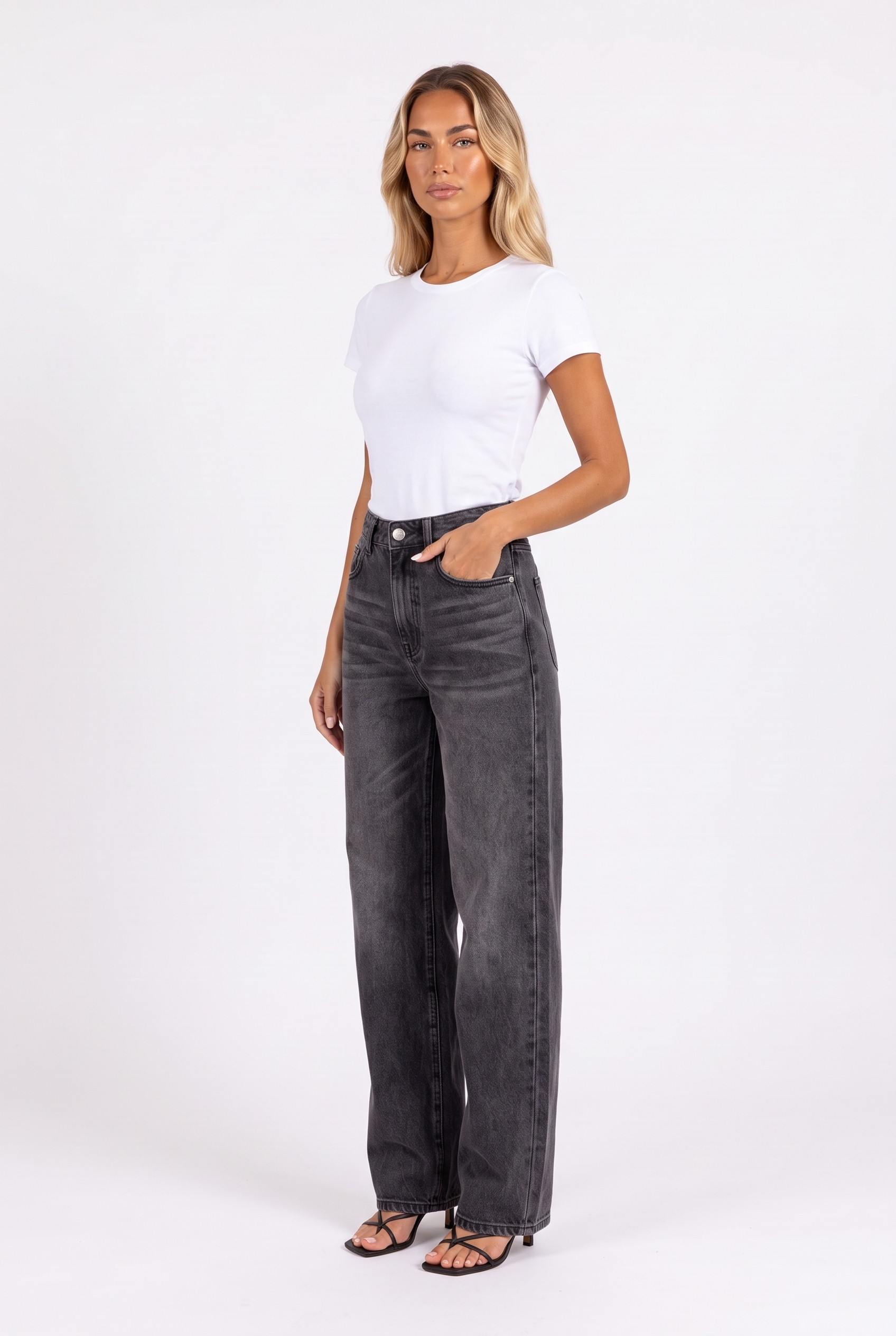 Washed black-grey high-waist wide-leg jeans — three-quarter