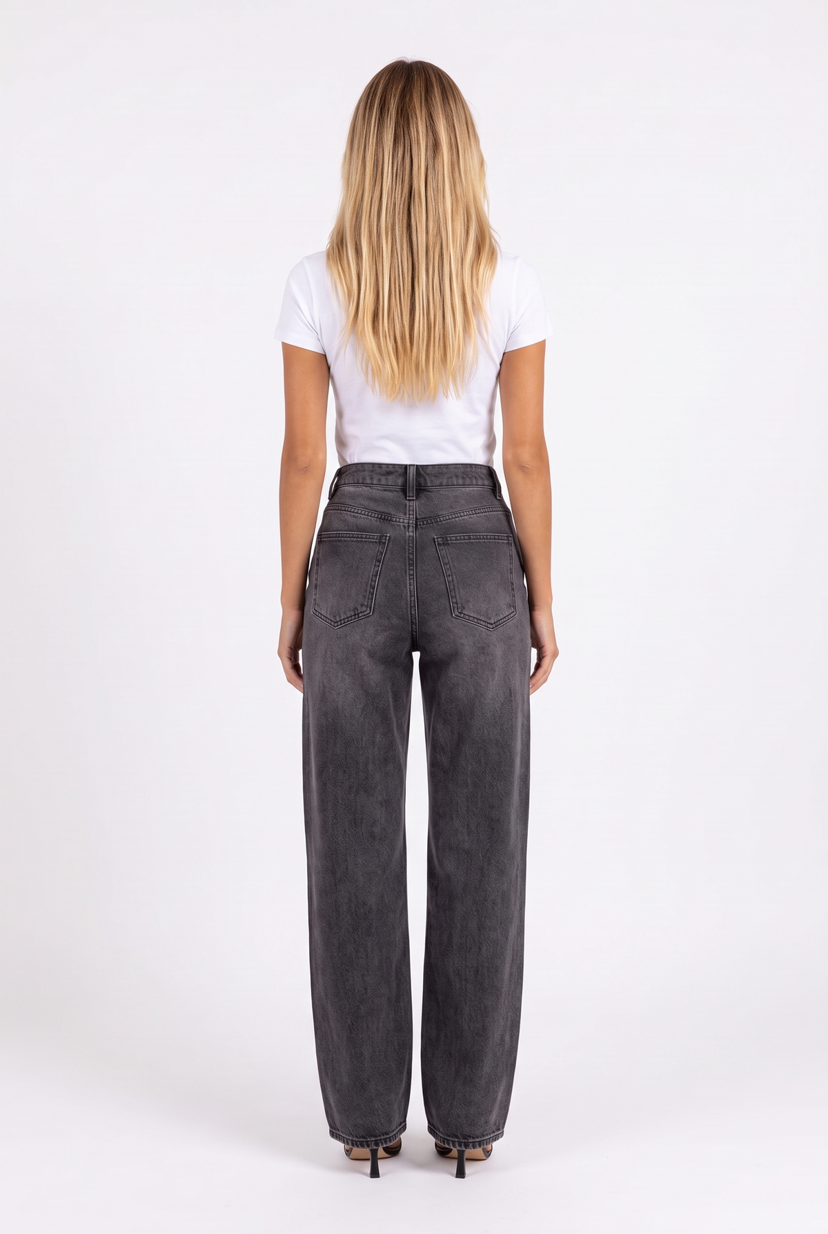 Washed black-grey high-waist wide-leg jeans — back