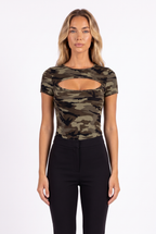 Camo print cut-out crew-neck top — neckline and cut-out detail