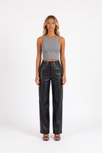 Black faux-leather high-waist straight-leg trousers — front