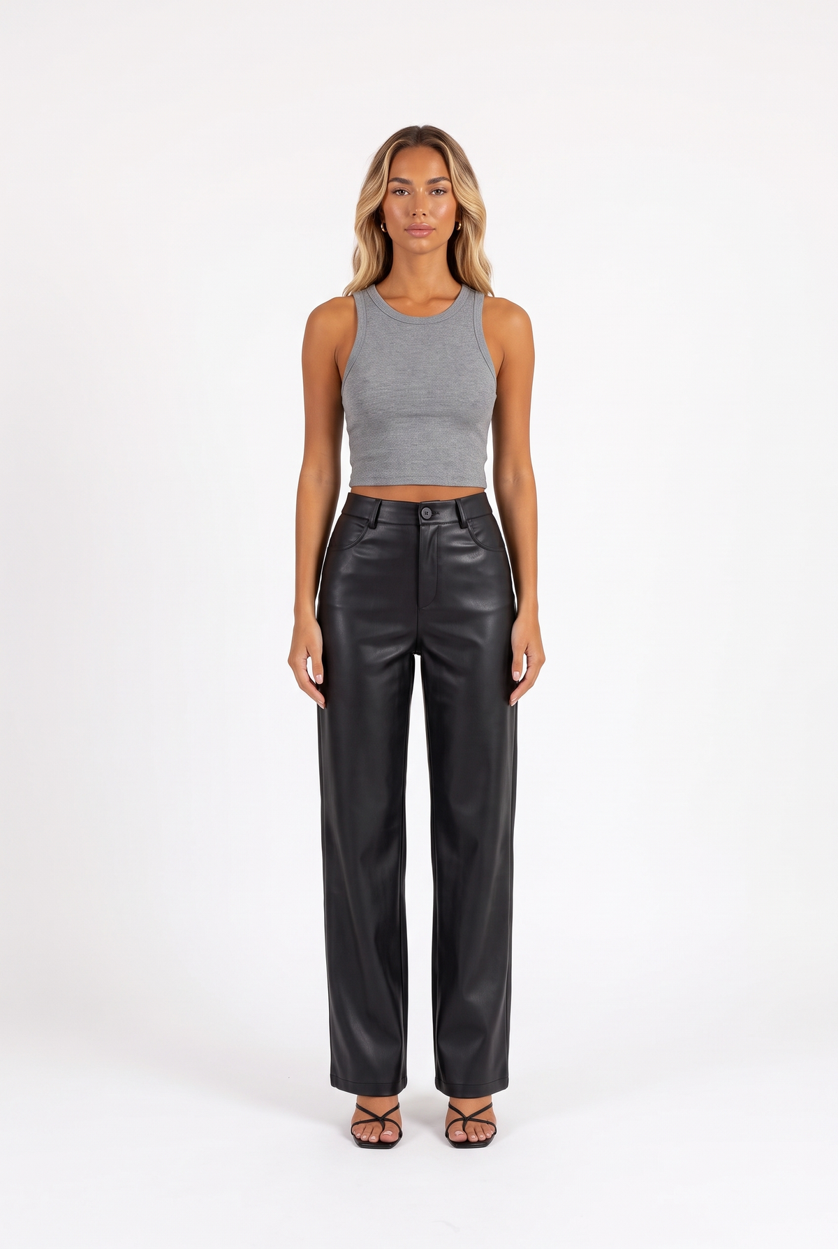 Black faux-leather high-waist straight-leg trousers — front
