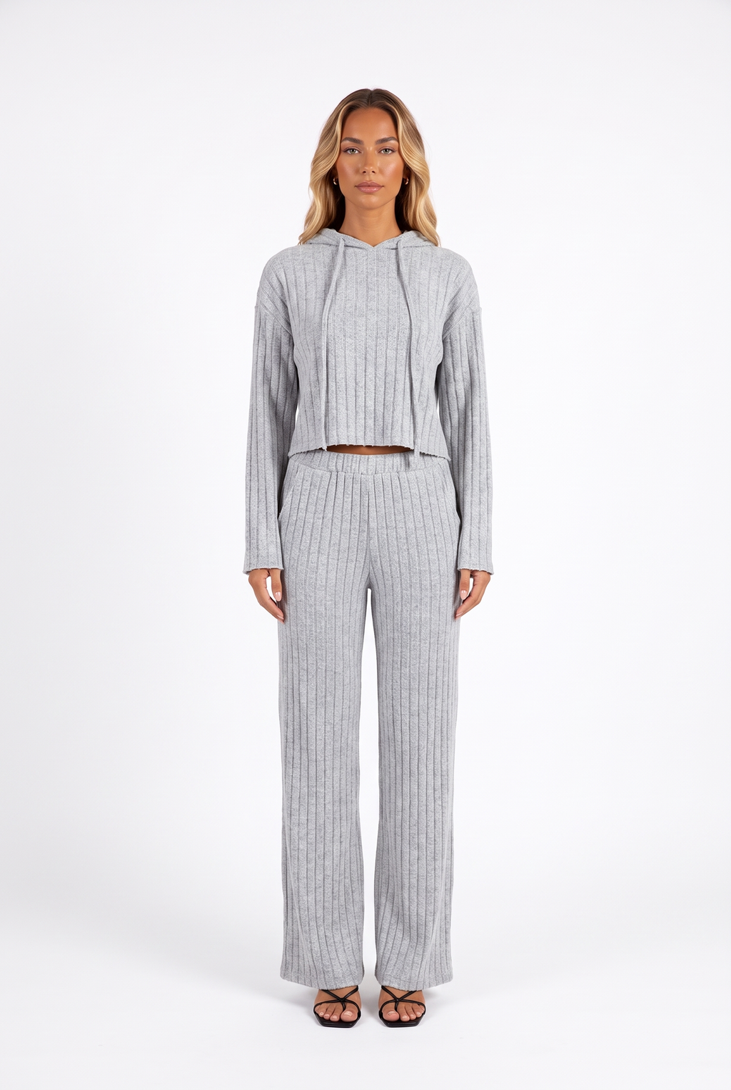 Heather grey rib-knit cropped hoodie and wide-leg trouser set — front