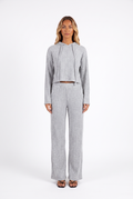 Heather grey rib-knit cropped hoodie and wide-leg trouser set — front