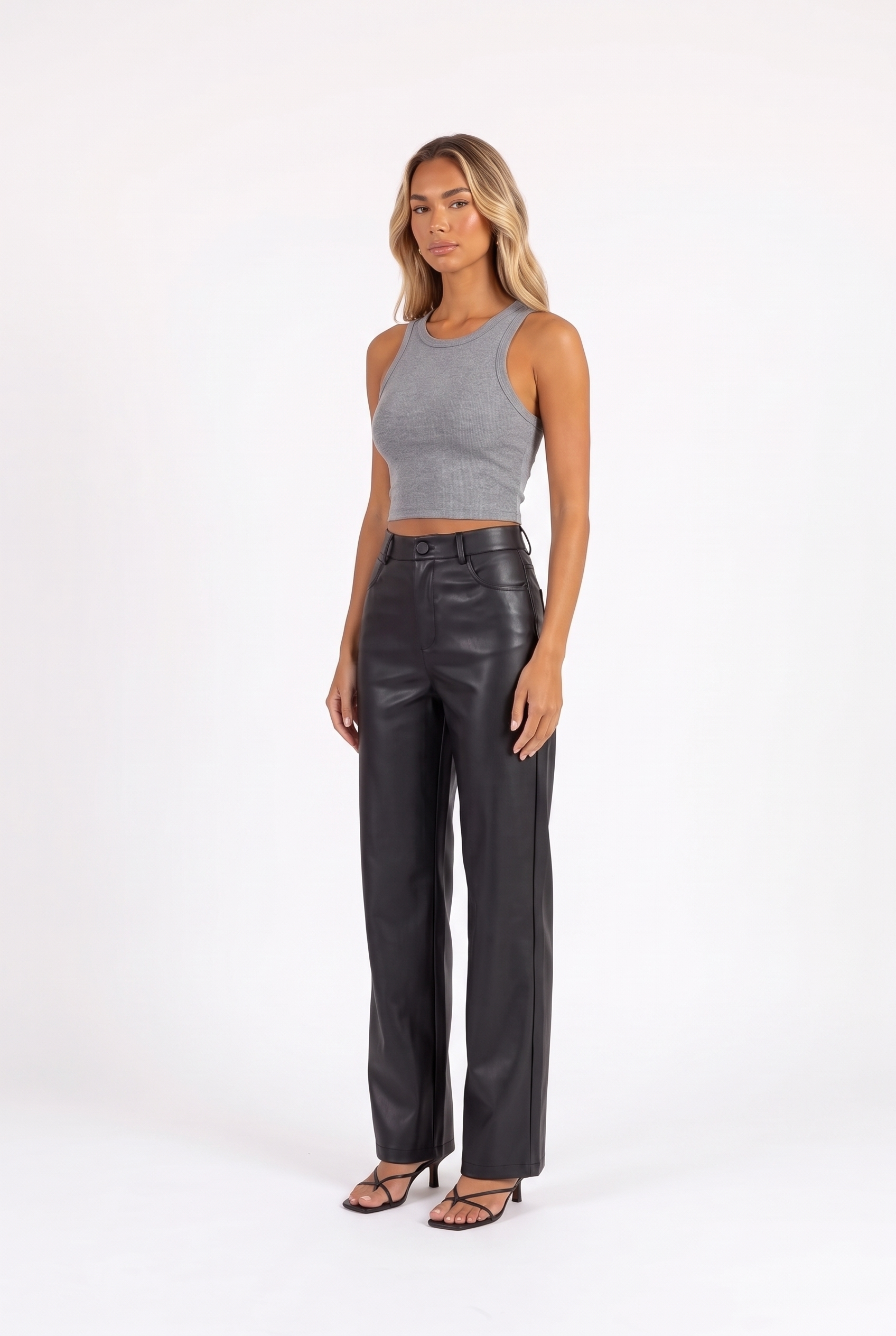 Black faux-leather high-waist straight-leg trousers — three-quarter