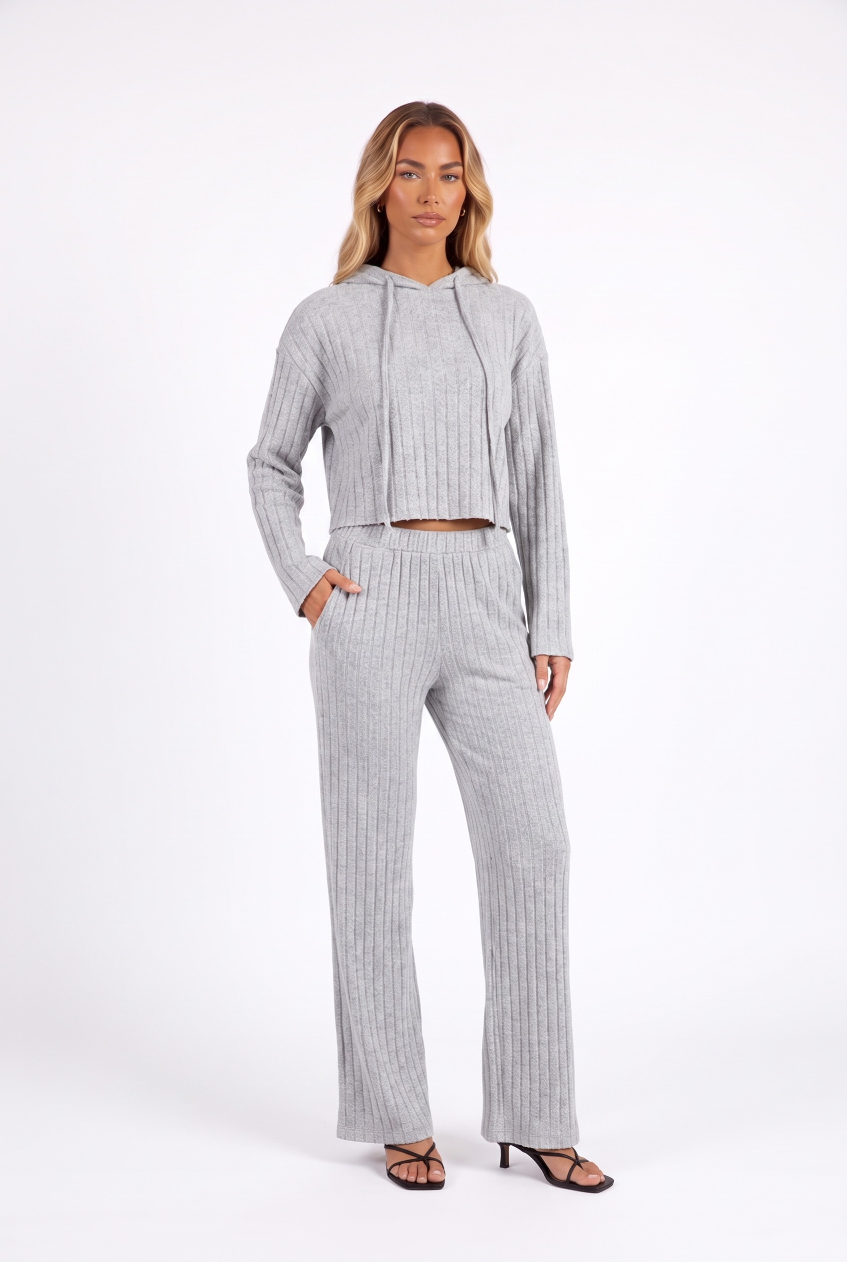 Heather grey rib-knit cropped hoodie and wide-leg trouser set — three-quarter