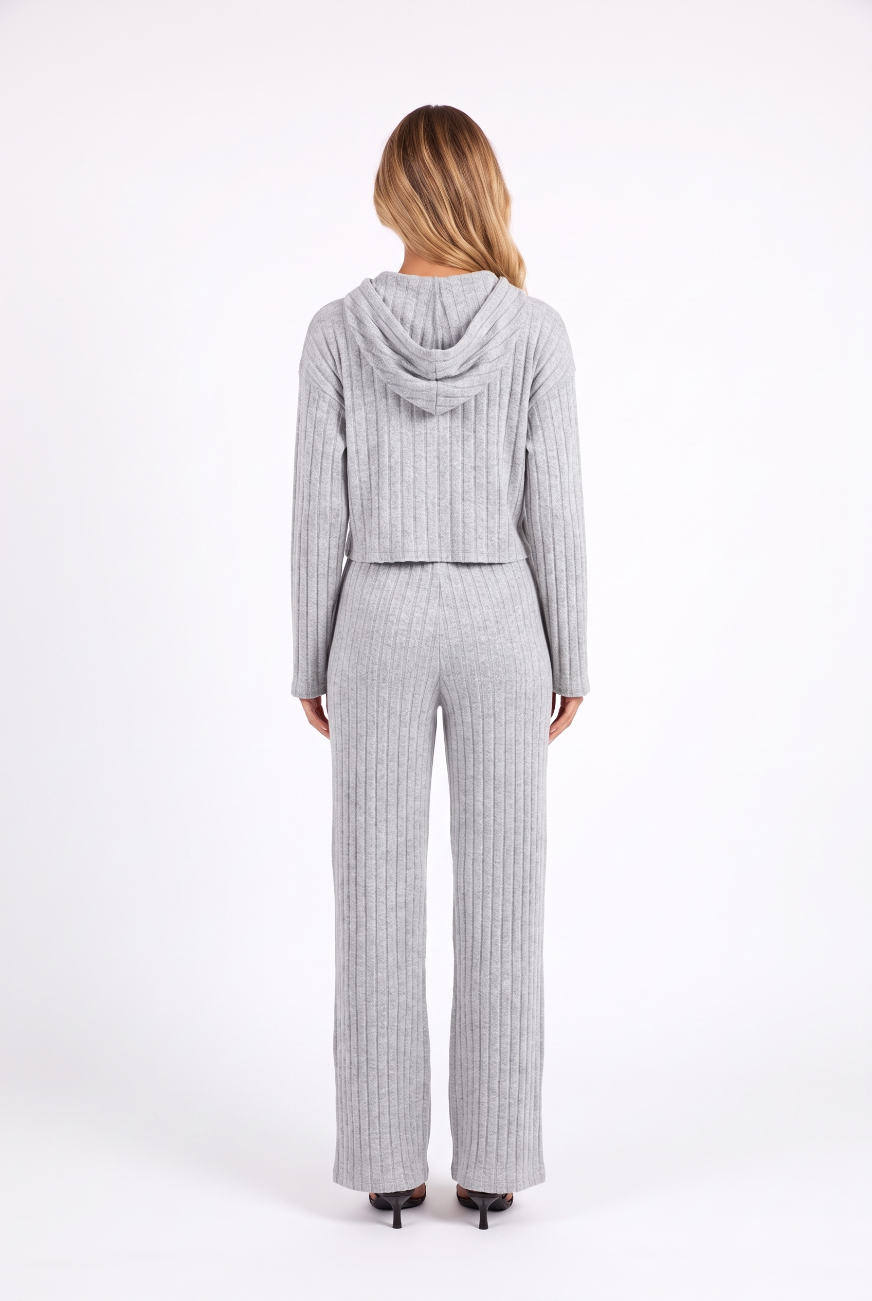 Heather grey rib-knit cropped hoodie and wide-leg trouser set — back