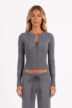 Dark grey knit cardigan and low-rise drawstring trouser set — button placket and drawstring detail