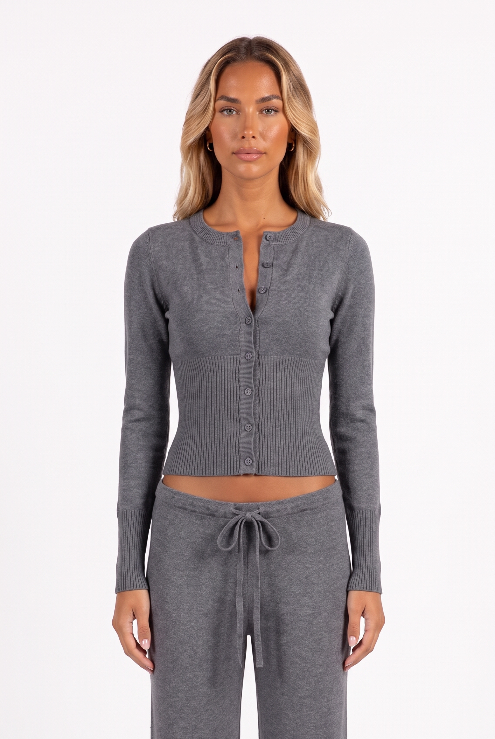 Dark grey knit cardigan and low-rise drawstring trouser set — button placket and drawstring detail