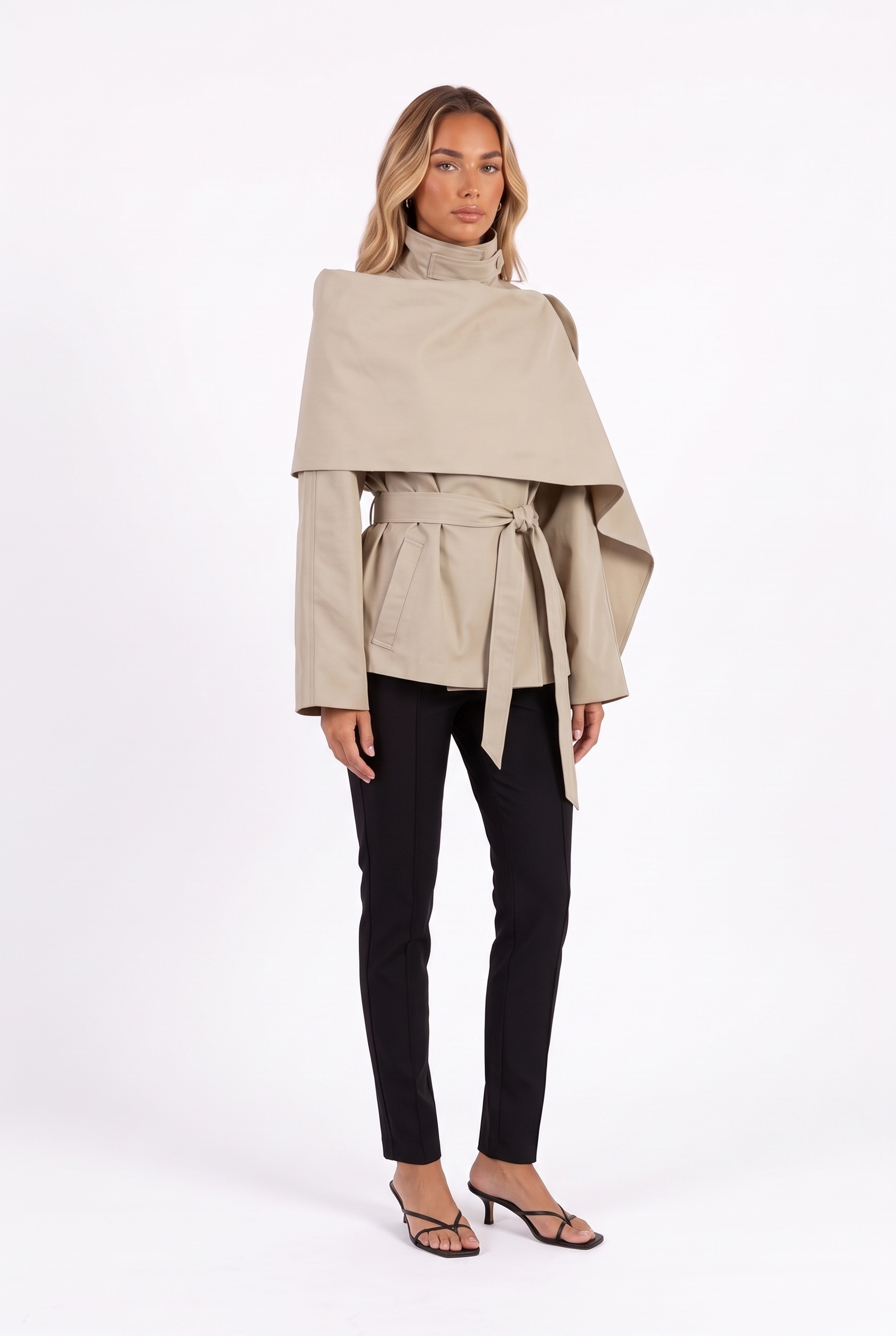 Beige belted cape jacket with stand collar — three-quarter