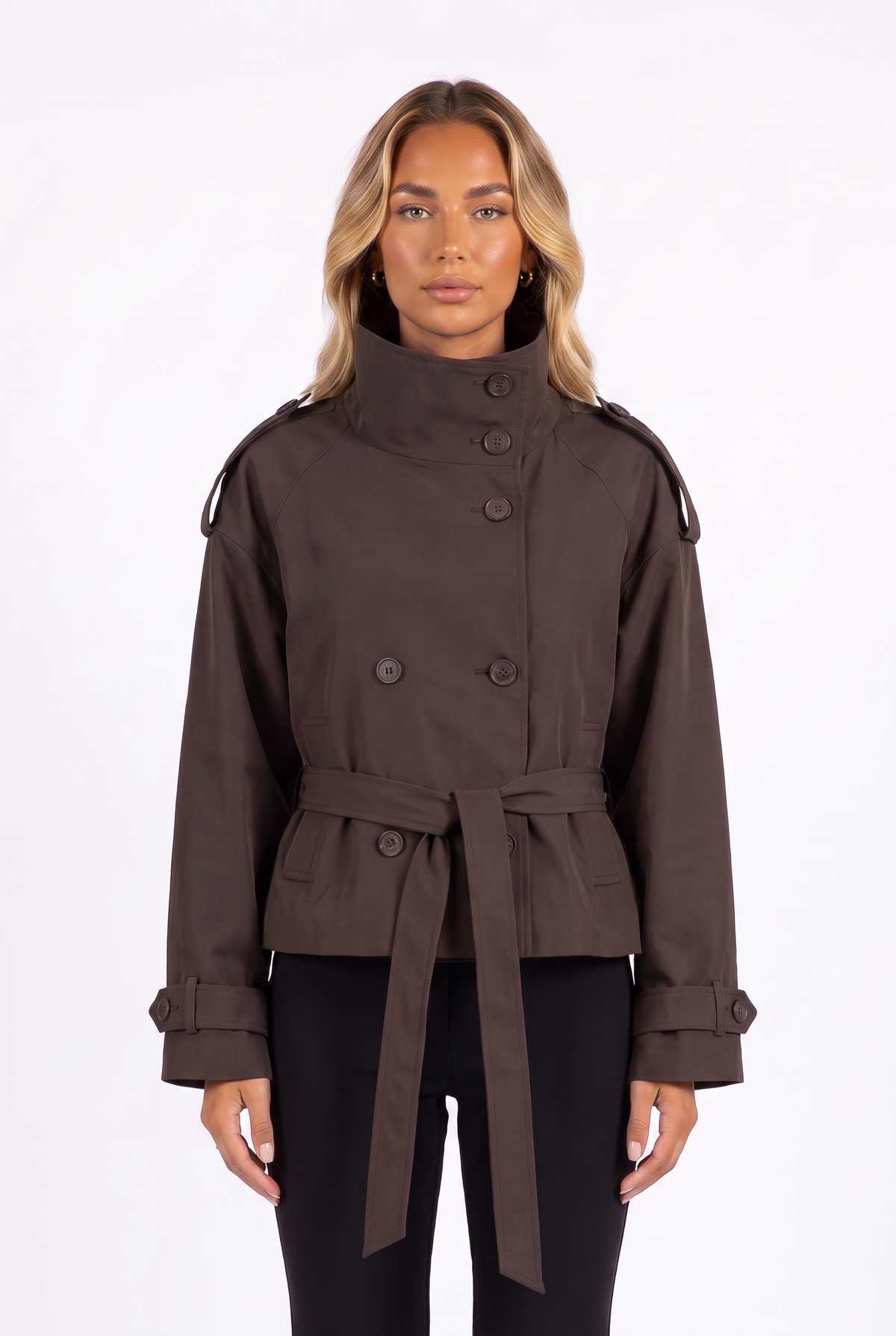 Brown cropped double-breasted belted trench jacket — collar, buttons and belt detail