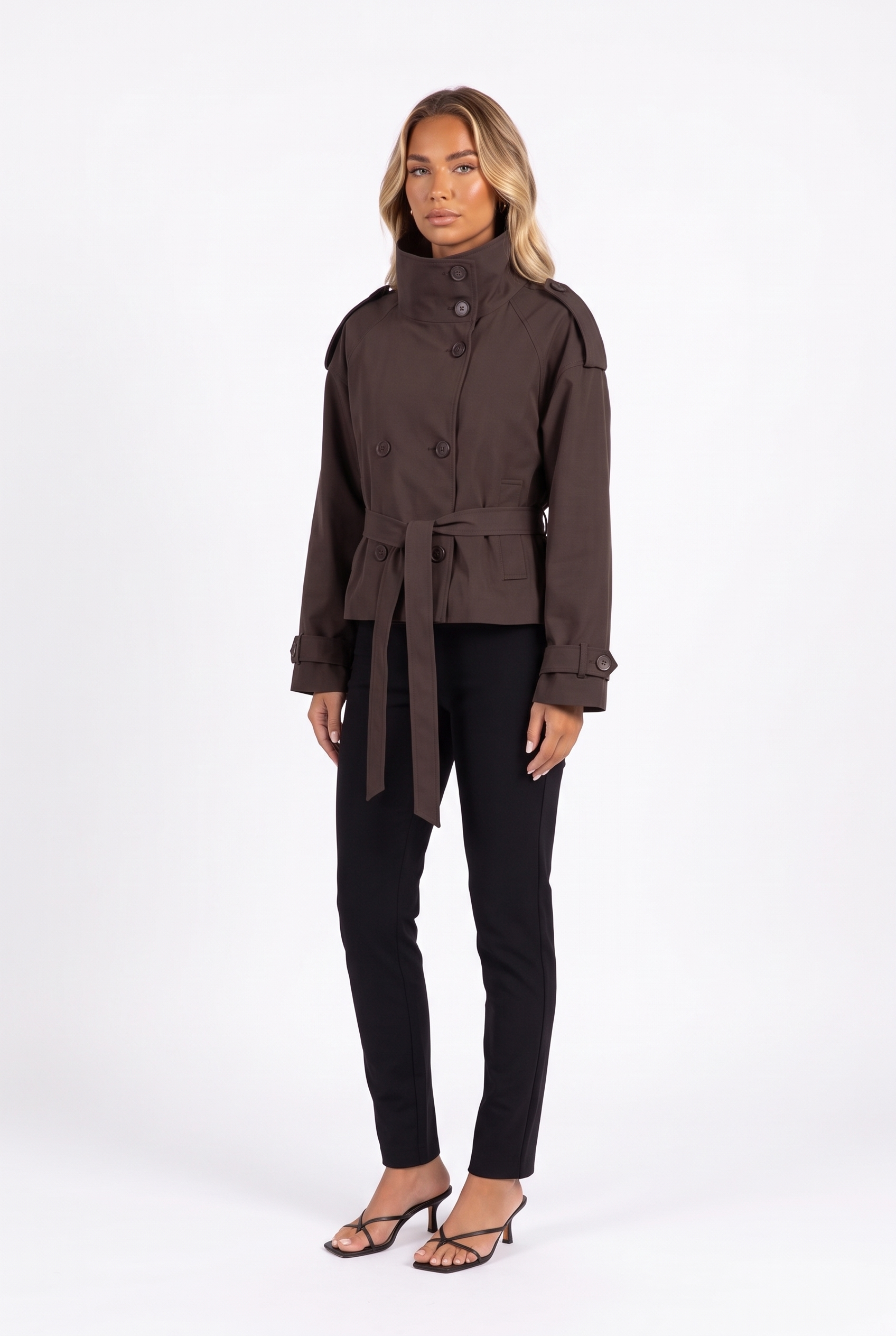 Brown cropped double-breasted belted trench jacket — three-quarter