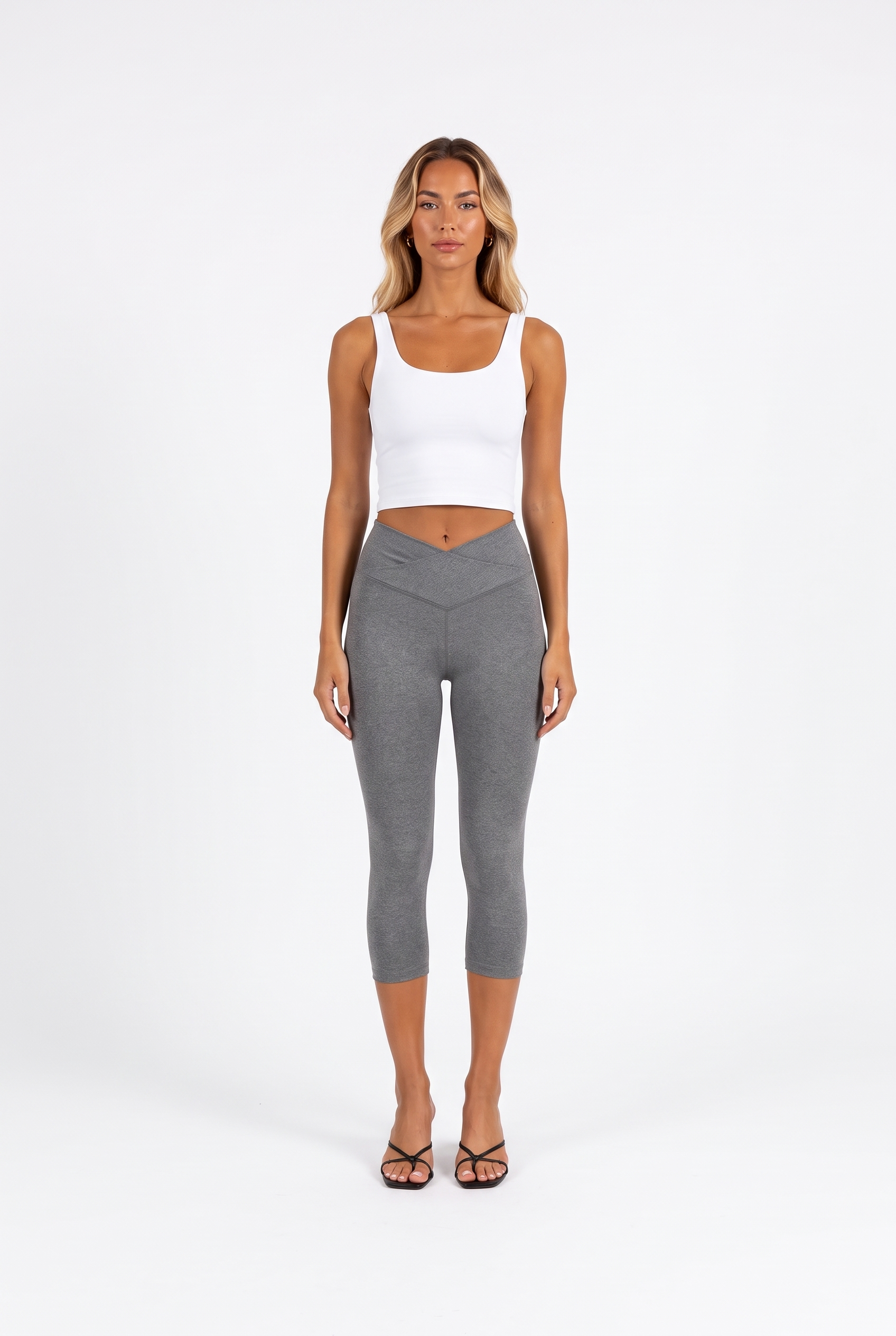 Heather grey crossover high-waist capri leggings — front