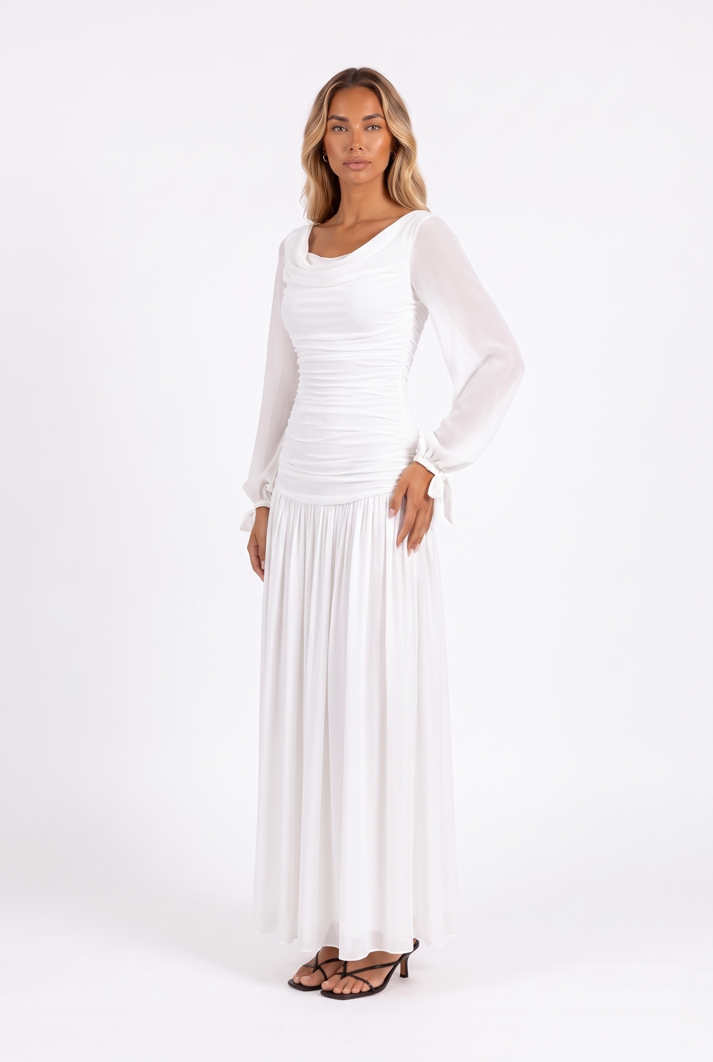 White draped cowl-neck ruched maxi dress with sheer bishop sleeves — three-quarter