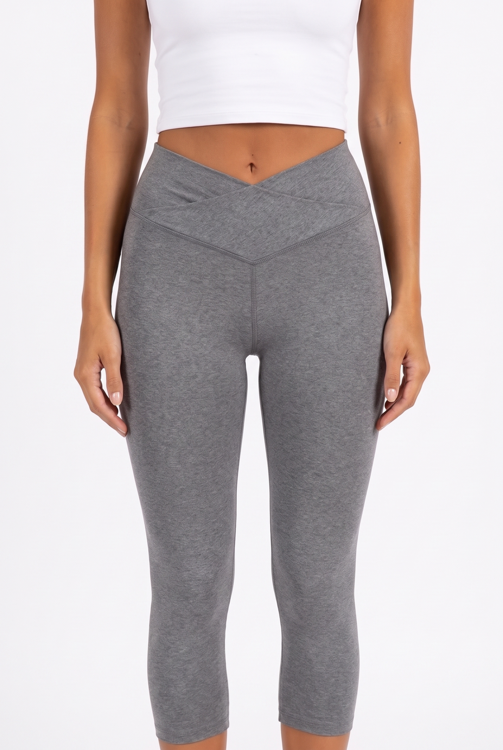 Heather grey crossover high-waist capri leggings — crossover waistband detail