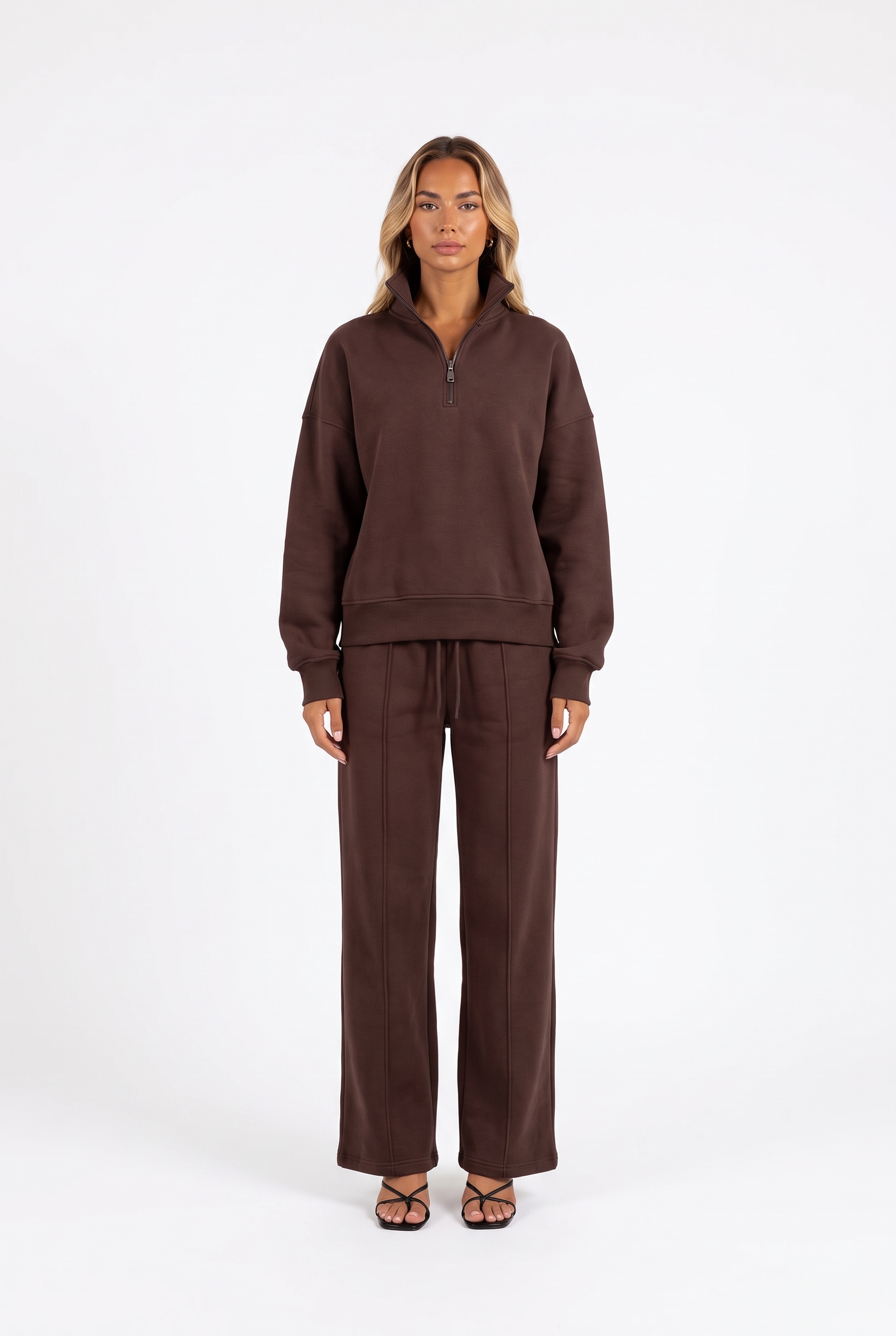 Coffee brown quarter-zip sweatshirt and wide-leg sweatpant set — front