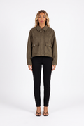 Olive faux-suede cropped snap-pocket jacket — front