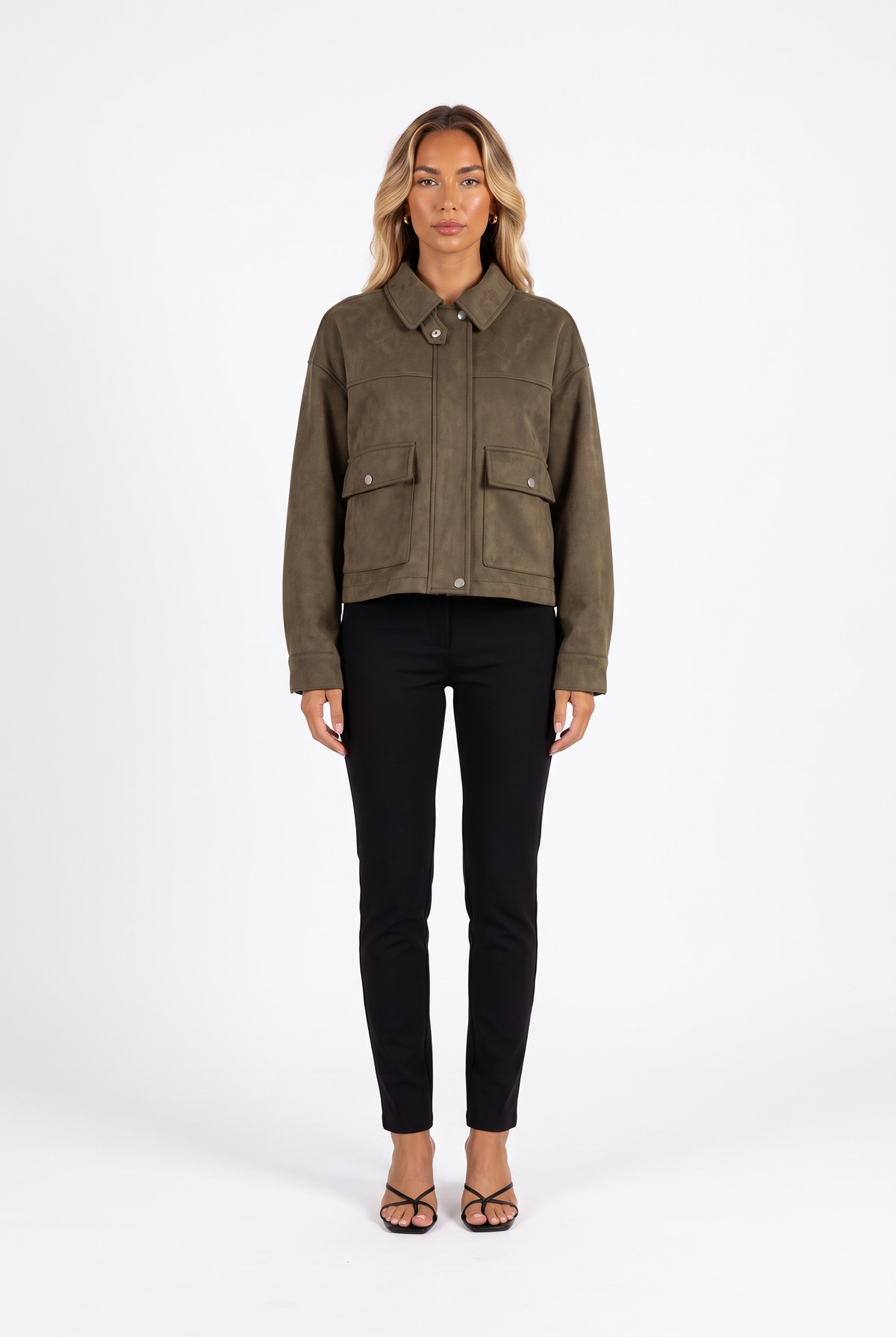 Olive faux-suede cropped snap-pocket jacket — front