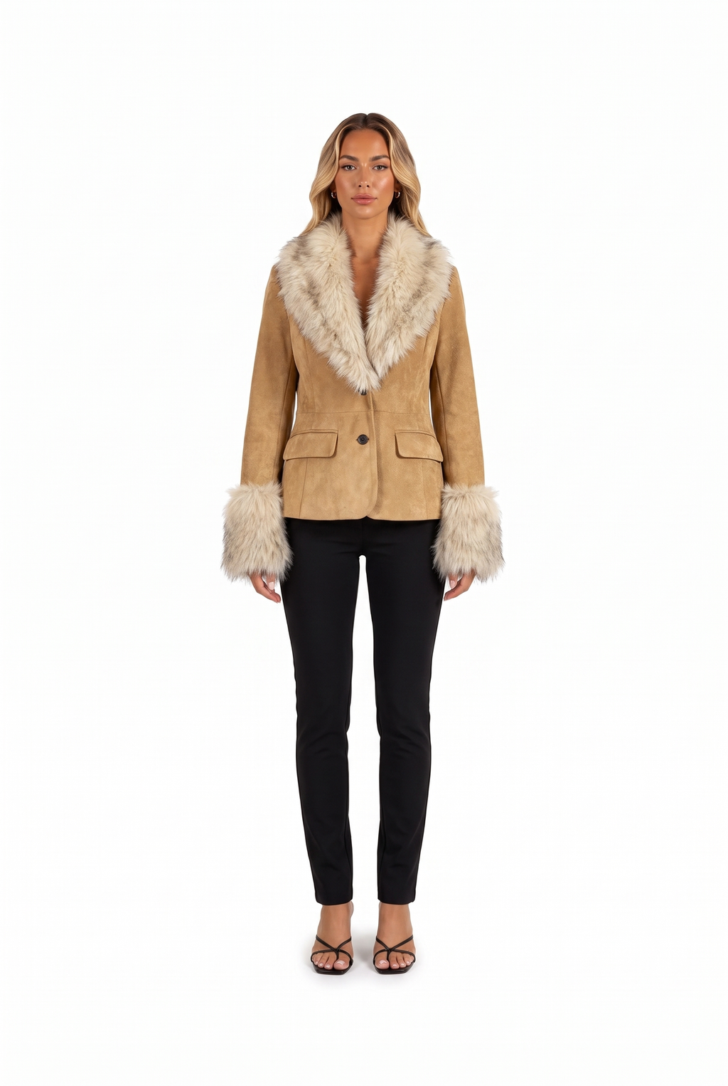 Camel faux-suede blazer with faux fur collar and cuffs — front