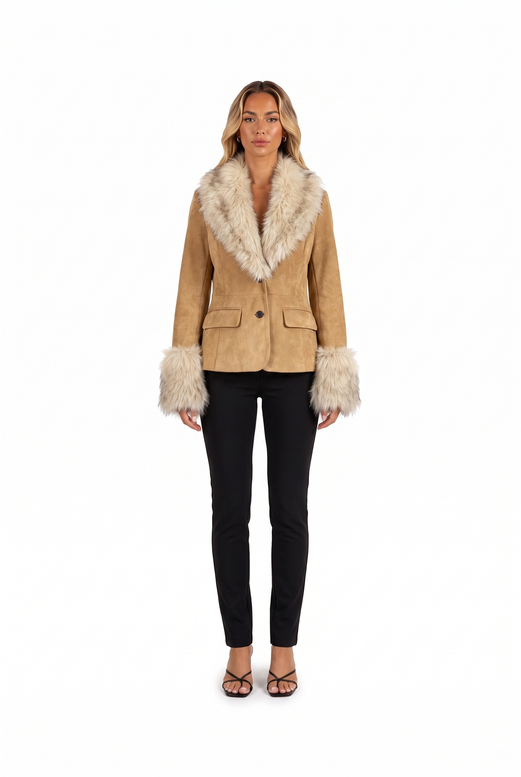 Camel faux-suede blazer with faux fur collar and cuffs — front