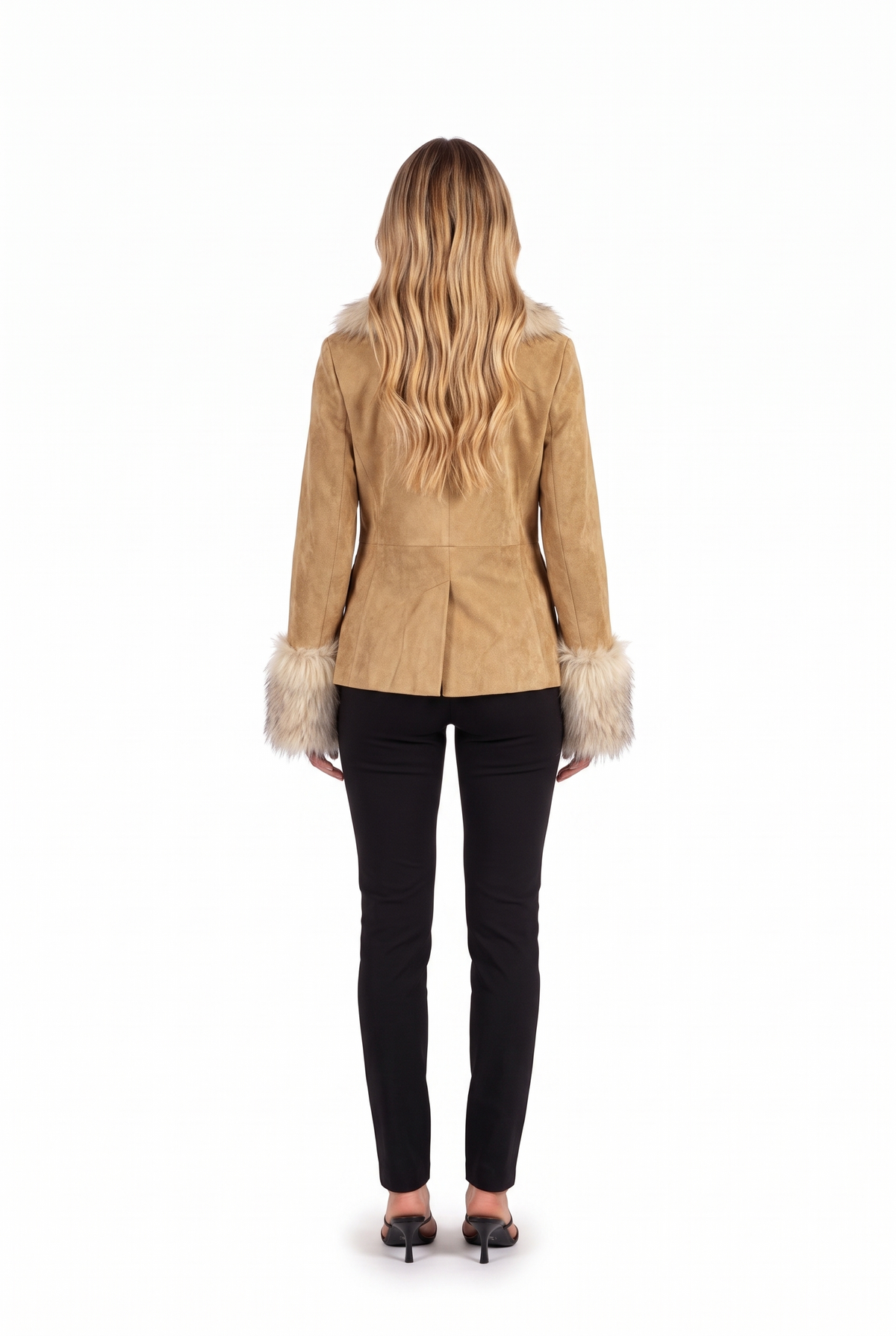 Camel faux-suede blazer with faux fur collar and cuffs — back