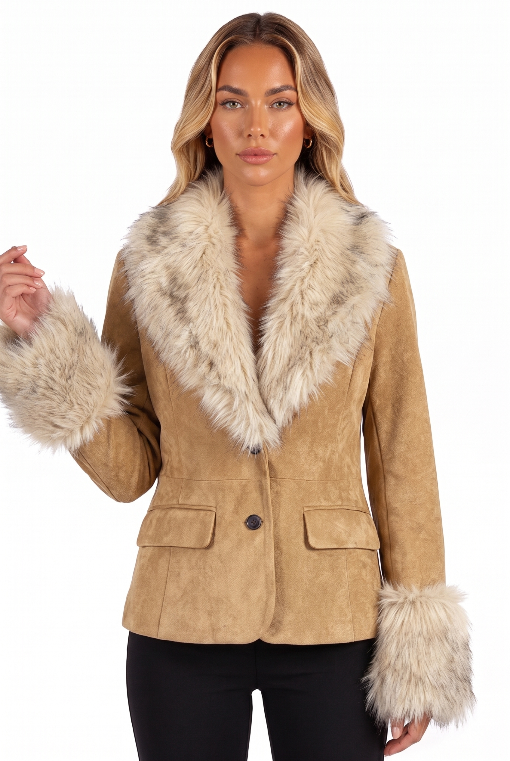 Camel faux-suede blazer with faux fur collar and cuffs — fur collar and cuff detail