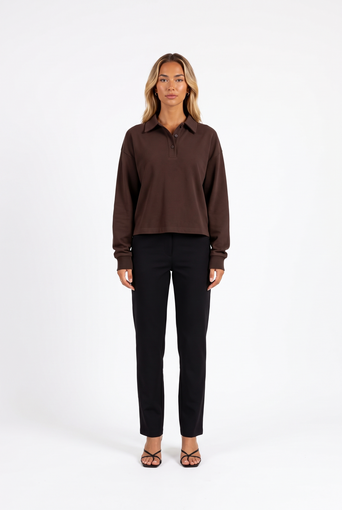 Brown long-sleeve cropped polo top — front