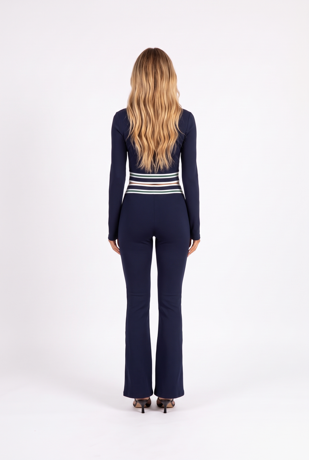 Navy striped-trim zip crop top and flared trouser set — back