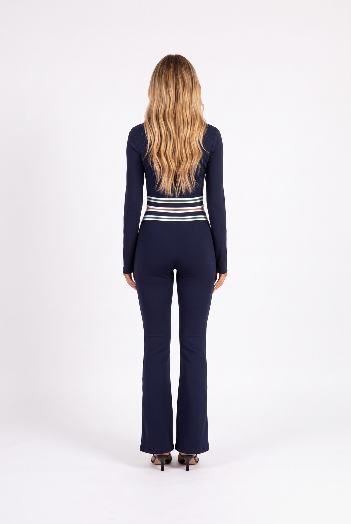 Navy striped-trim zip crop top and flared trouser set — back