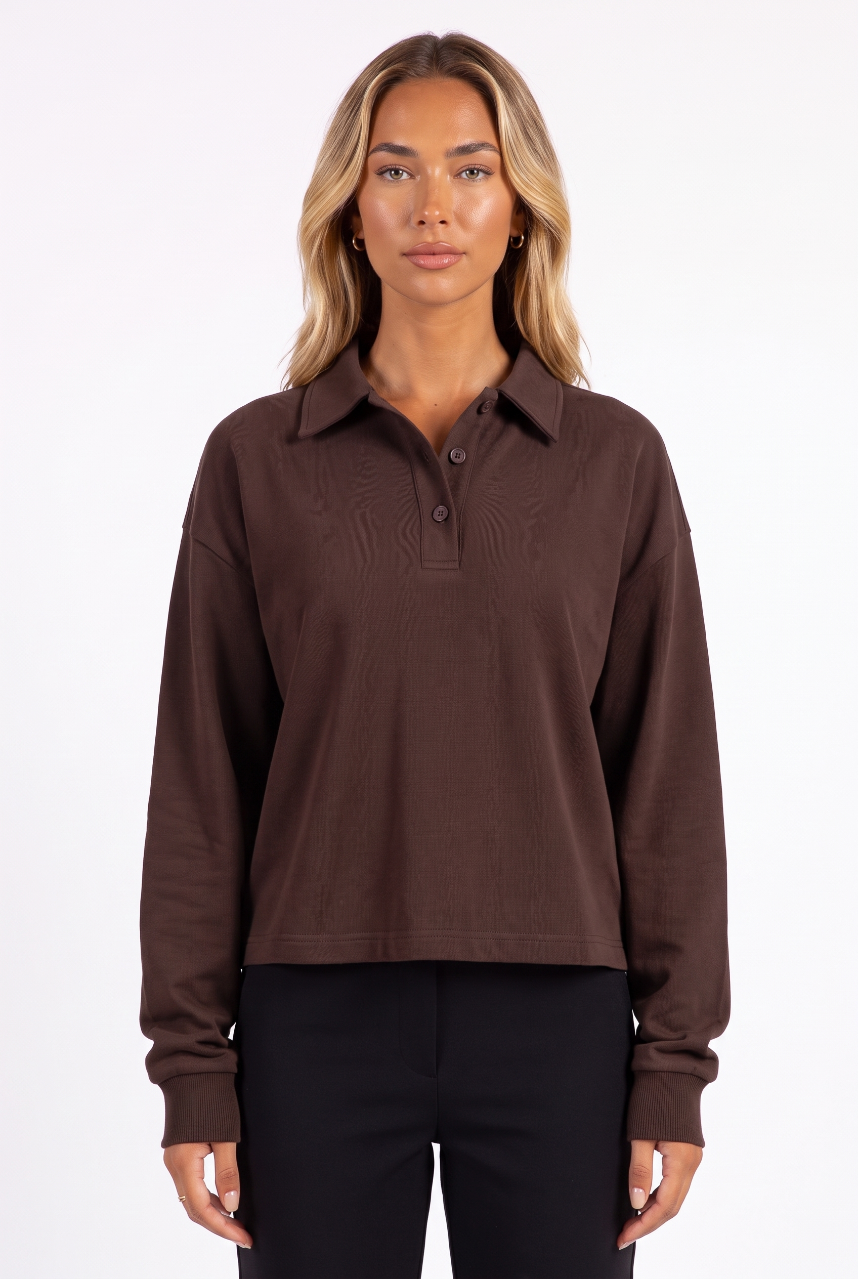 Brown long-sleeve cropped polo top — collar and placket detail