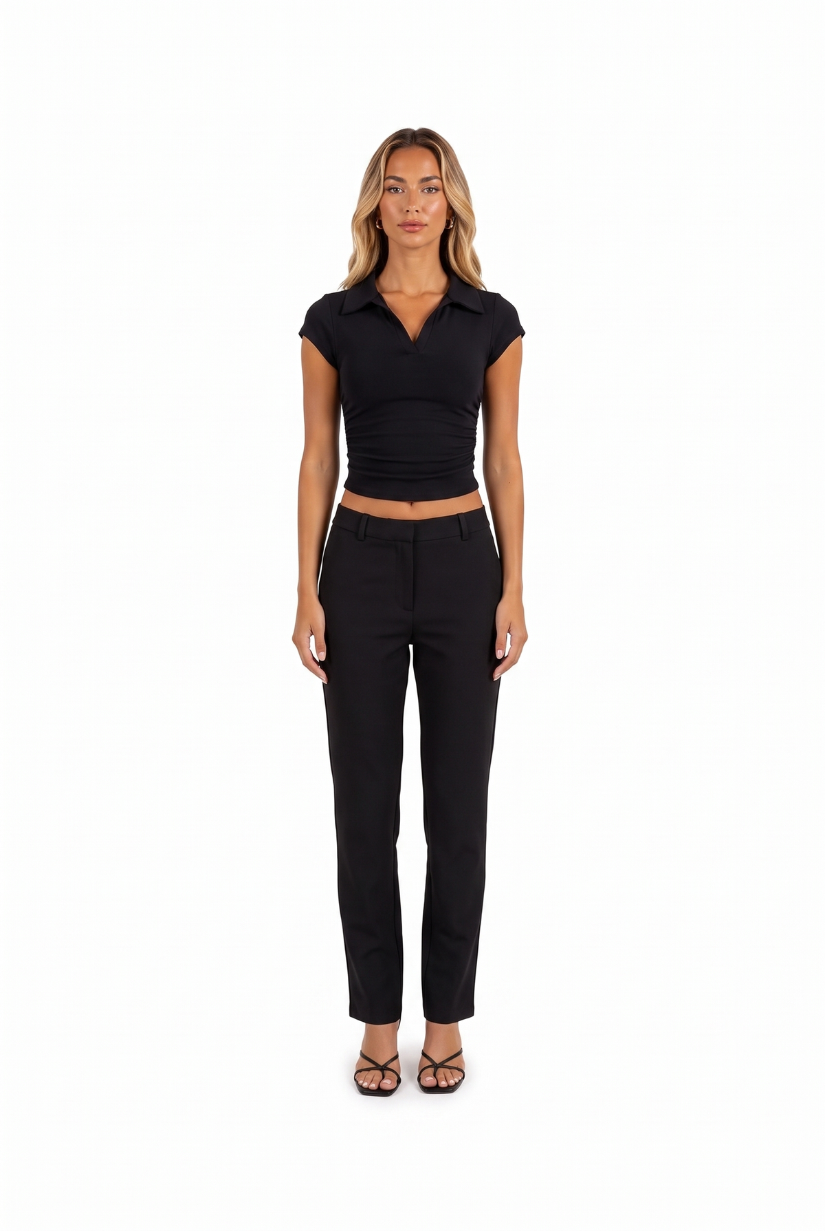Black polo-collar ruched crop top — front