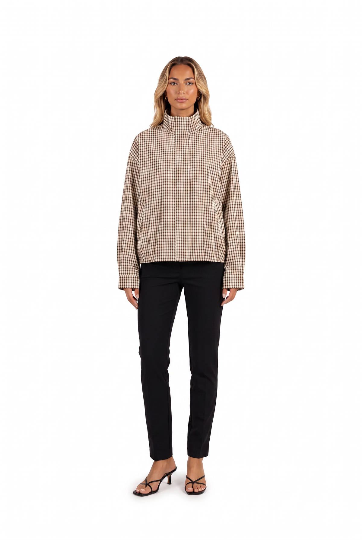 Brown gingham stand-collar cropped shacket — front