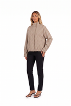 Brown gingham stand-collar cropped shacket — three-quarter