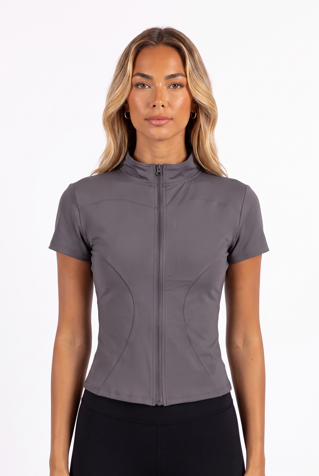 Dark grey short-sleeve mock-collar zip athletic top — collar, zip and seam detail