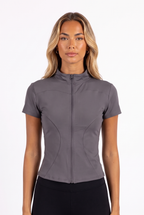 Dark grey short-sleeve mock-collar zip athletic top — collar, zip and seam detail
