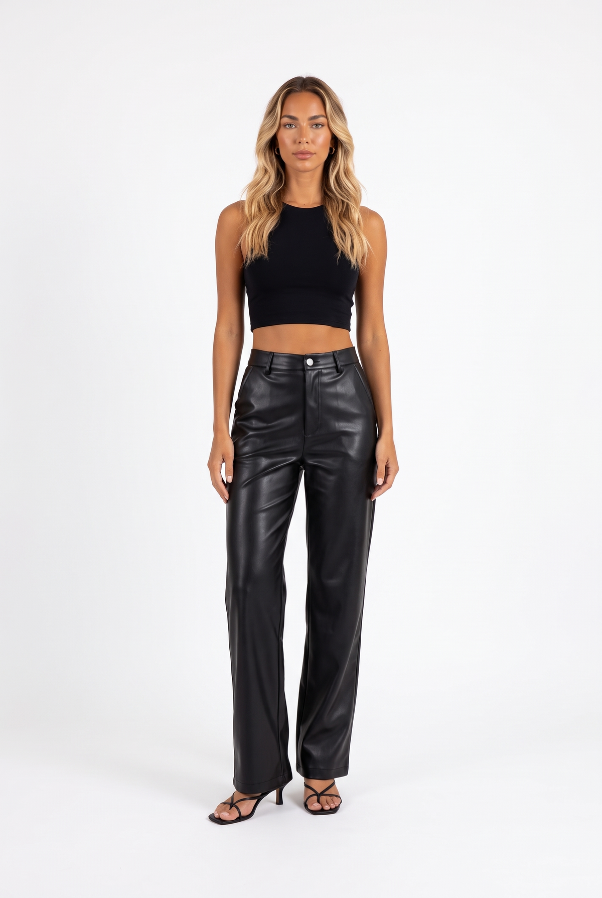 Black faux-leather high-waist wide-leg trousers — front