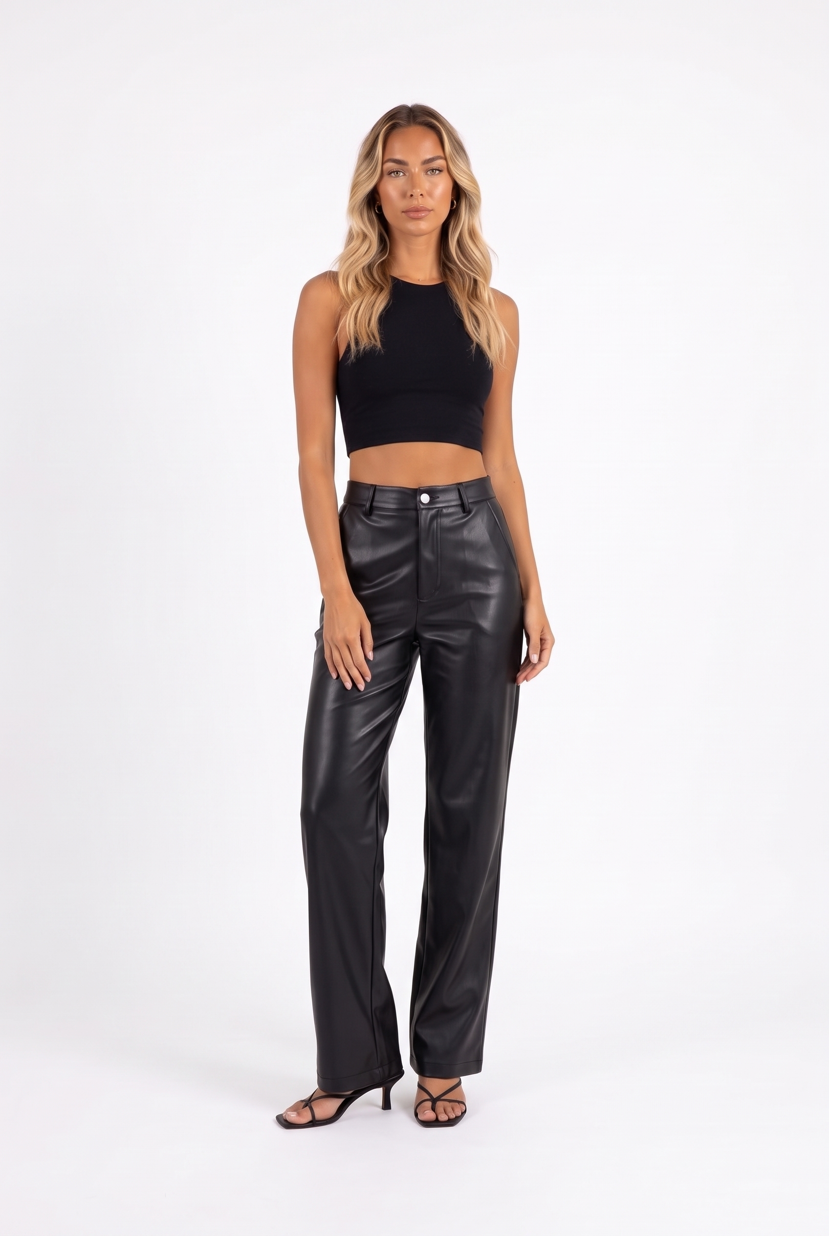 Black faux-leather high-waist wide-leg trousers — three-quarter