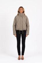 Brown gingham padded funnel-neck cropped jacket — front