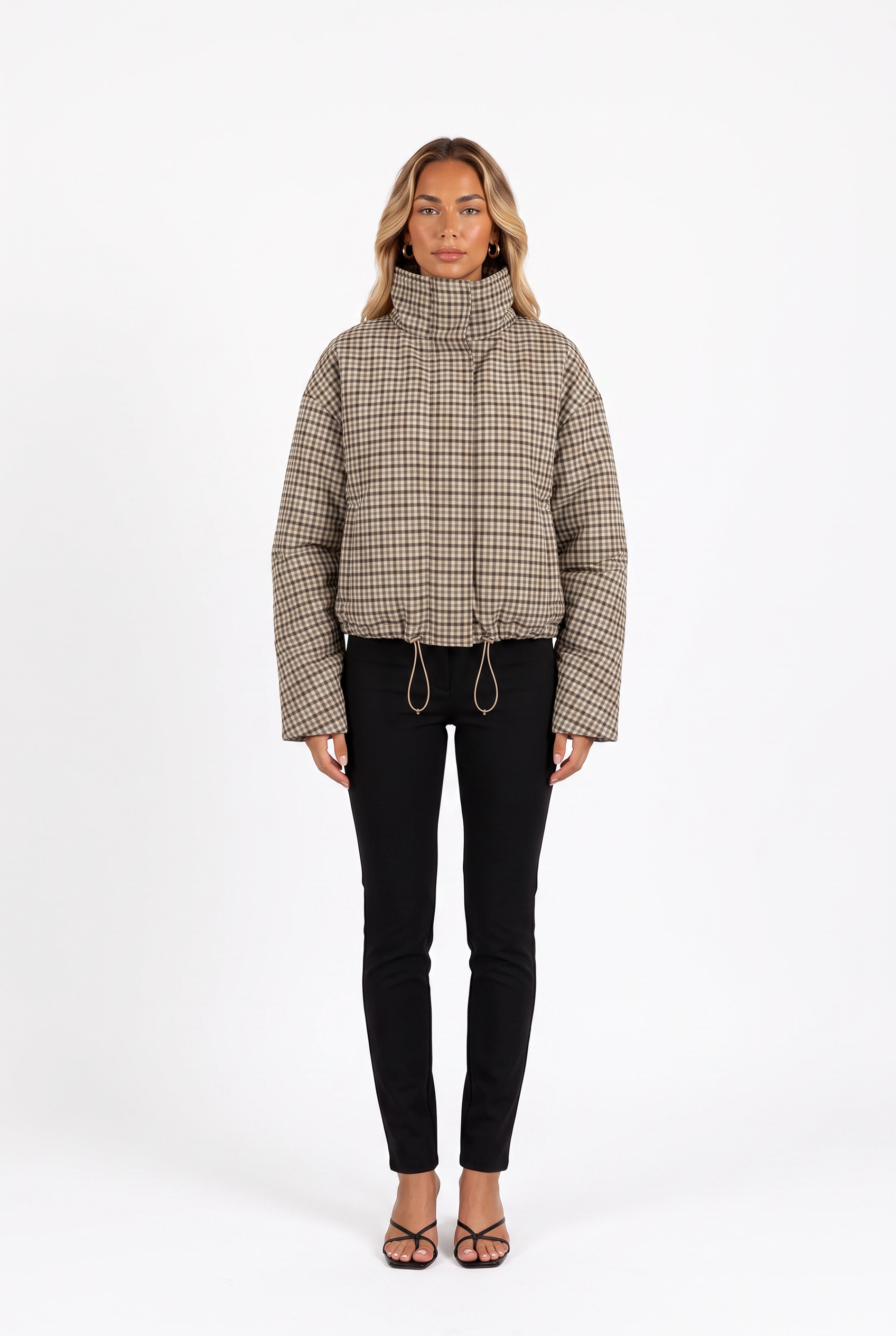 Brown gingham padded funnel-neck cropped jacket — front