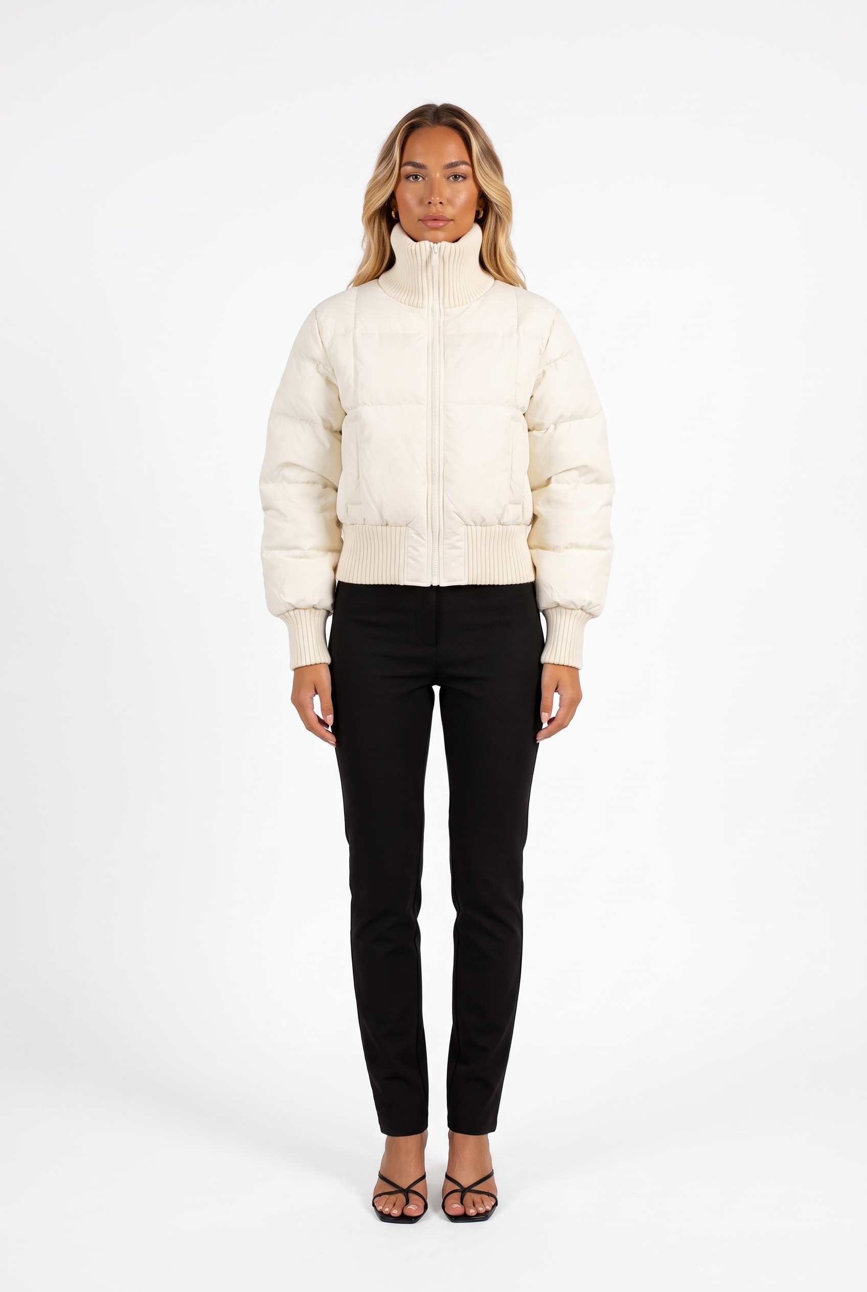 Ivory cropped puffer jacket with ribbed funnel collar — front