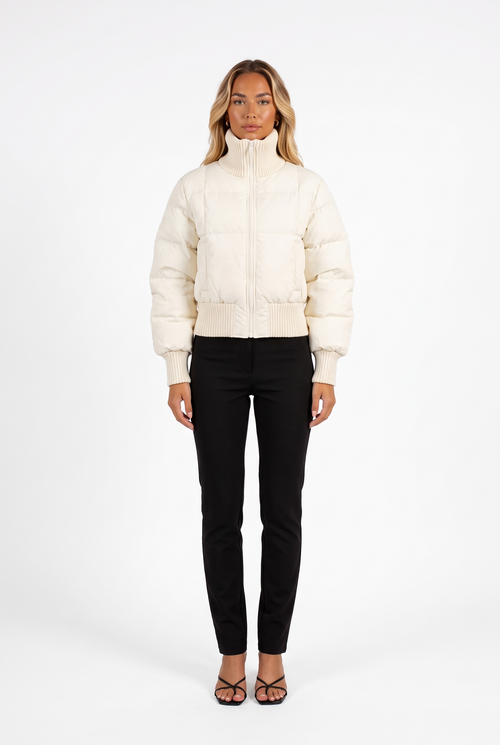 Ivory cropped puffer jacket with ribbed funnel collar — front