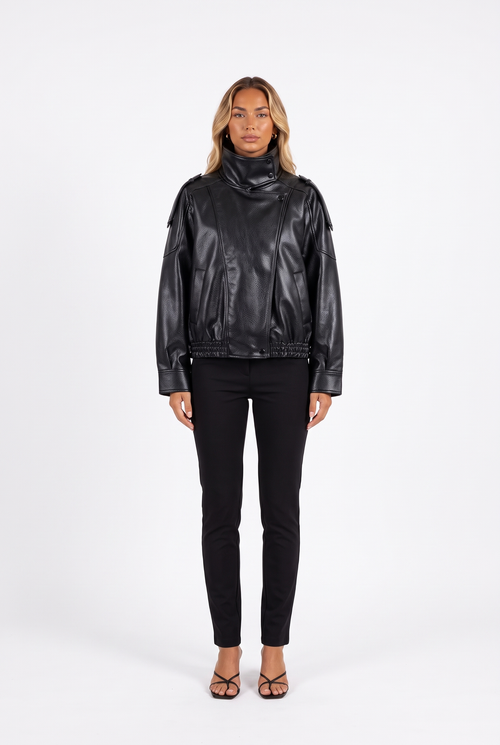 Black faux-leather cropped bomber with funnel collar — front