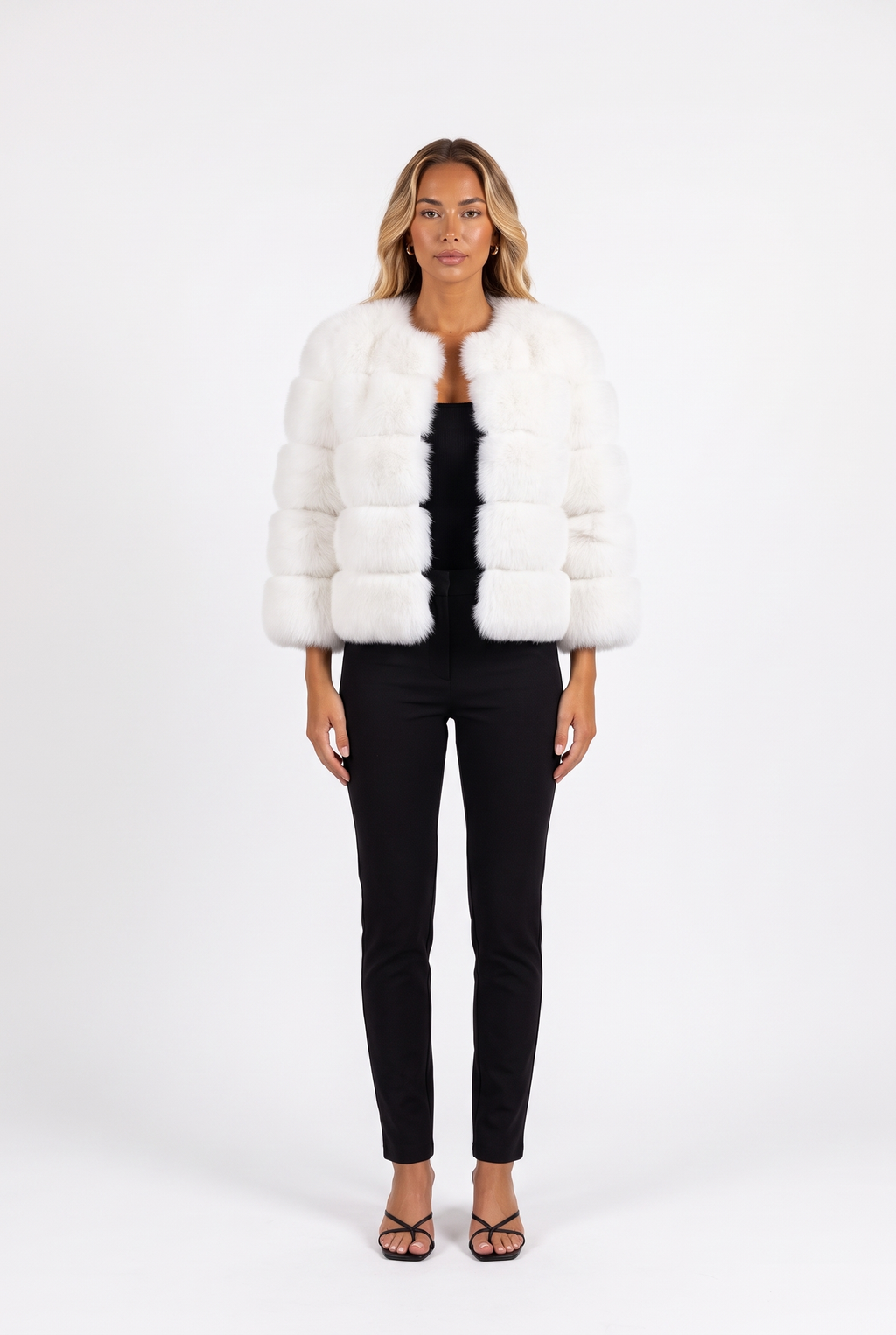 White banded faux fur cropped jacket — front